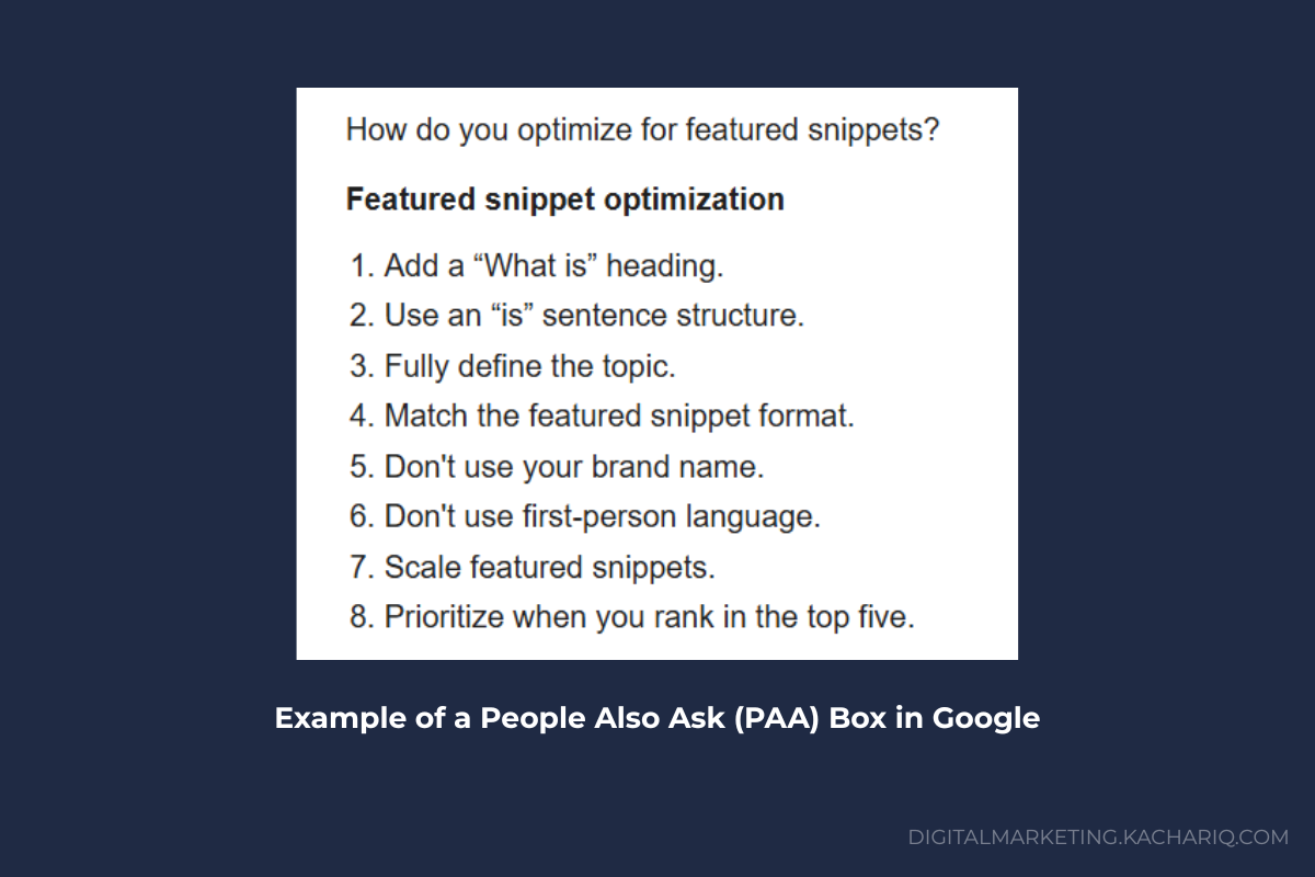 Screenshot of a People Also Ask box on Google for snippet optimization