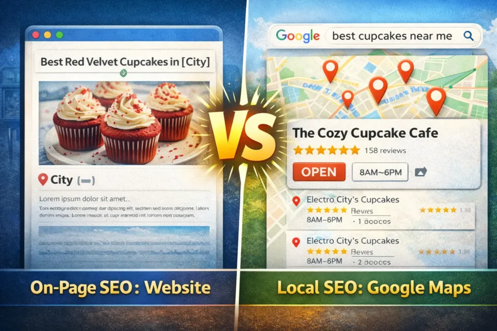 Example showing difference between website On-Page SEO and Google Maps Local SEO for a cupcake cafe