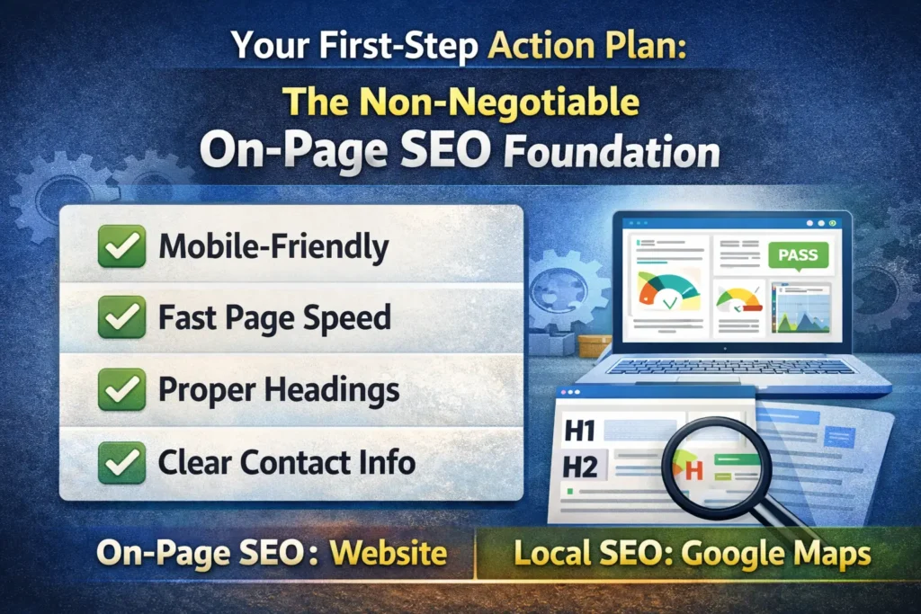 On-Page SEO foundation checklist including mobile-friendly design, fast page speed, proper headings, and clear contact information