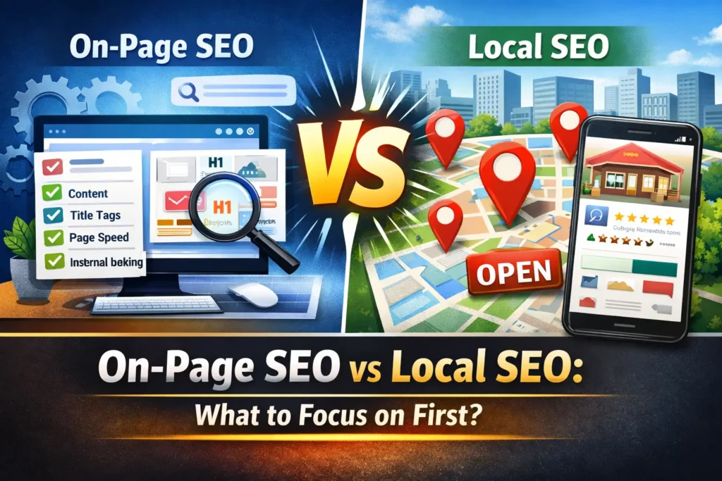 Visual comparison of local seo vs on-page seo which to focus on first, showing website optimization and Google Maps business listings