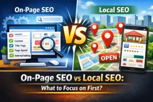 Visual comparison of local seo vs on-page seo which to focus on first, showing website optimization and Google Maps business listings