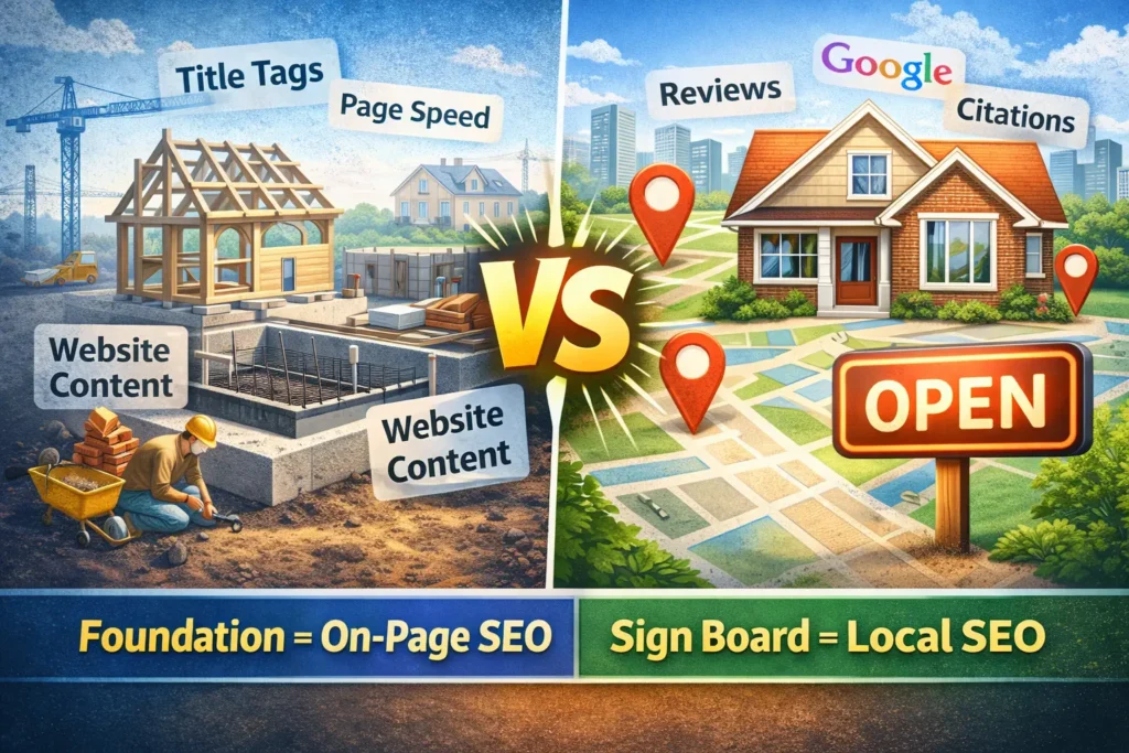 Illustration showing On-Page SEO as the foundation of a house and Local SEO as a signboard attracting customers