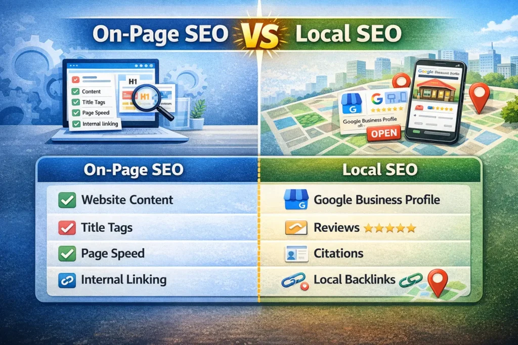 Infographic comparing the key differences between On-Page SEO and Local SEO for small businesses